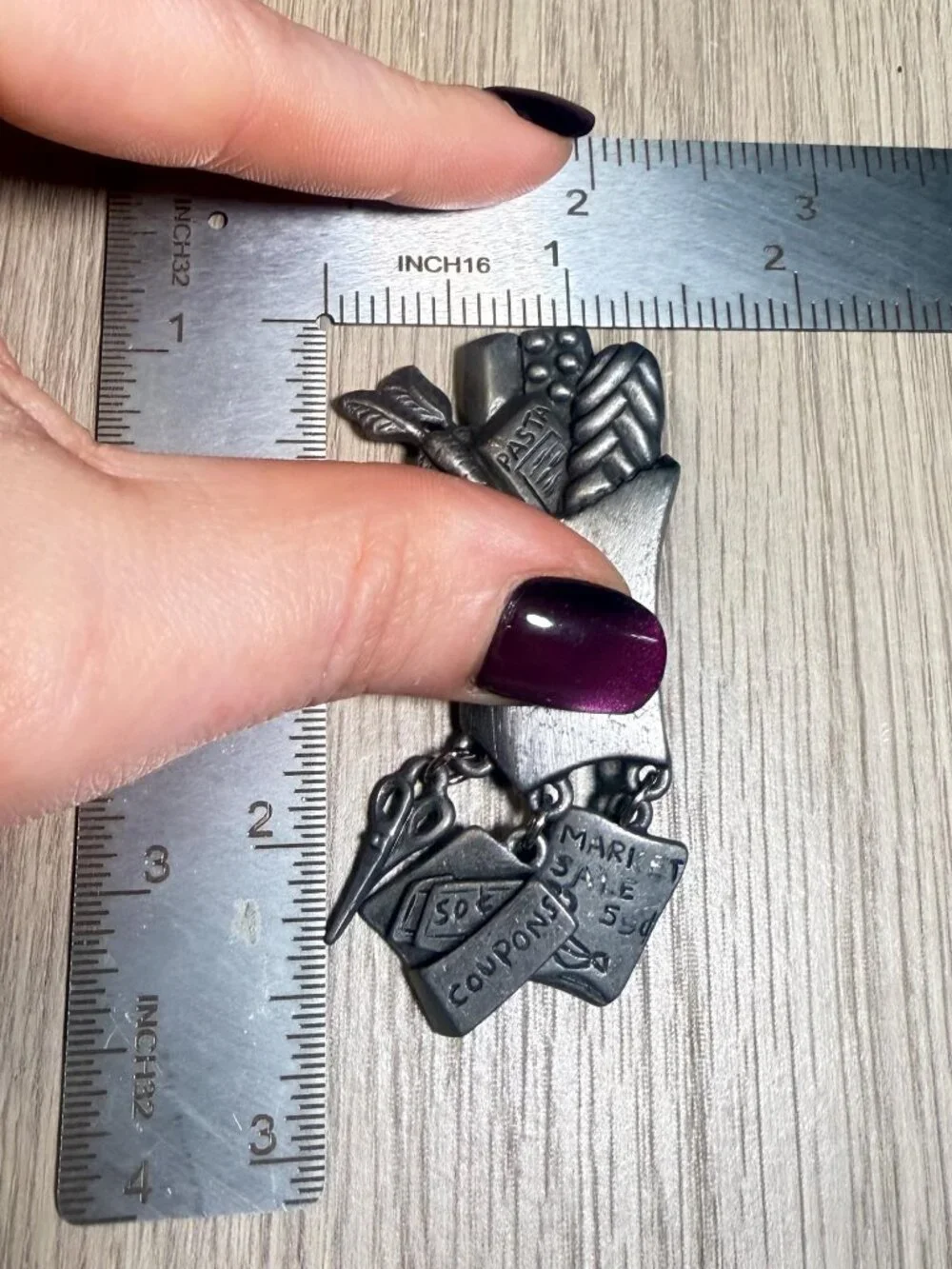 Vintage Grocery Bag Brooch Coupon Charm Dangle Silver Tone Pin 2.6